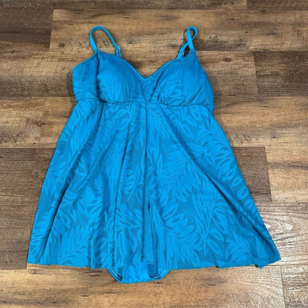 Bal Harbour Swimdress Size 16 Blue Pleated Tummy Control Tropical Cruise Resort